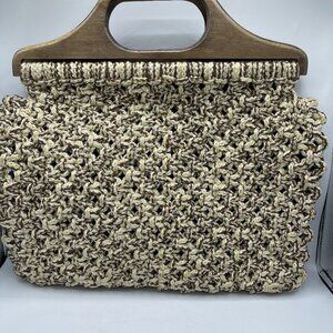 Vintage 70s Handcrafted Macrame Woven Purse w/ Wooden Handle – Boho Cottagecore